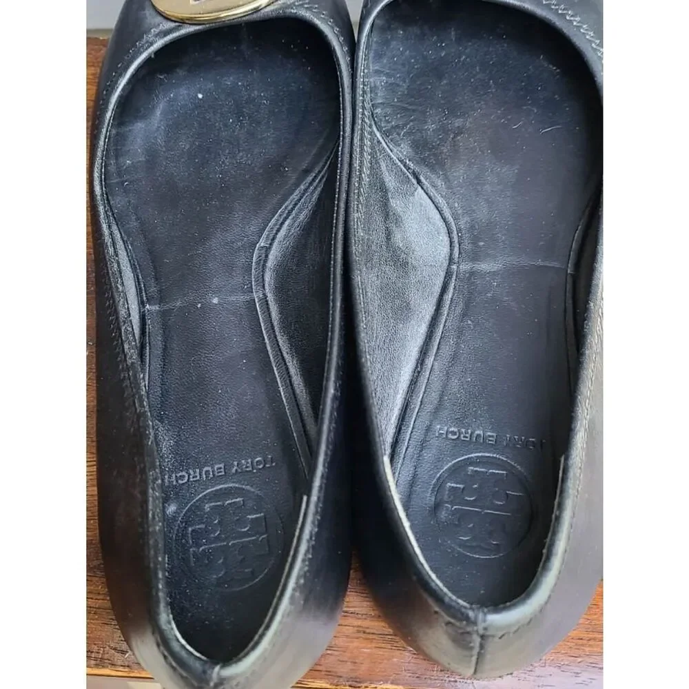Tory Burch Black Reva Black Leather Ballet with Gold Logo size 9M